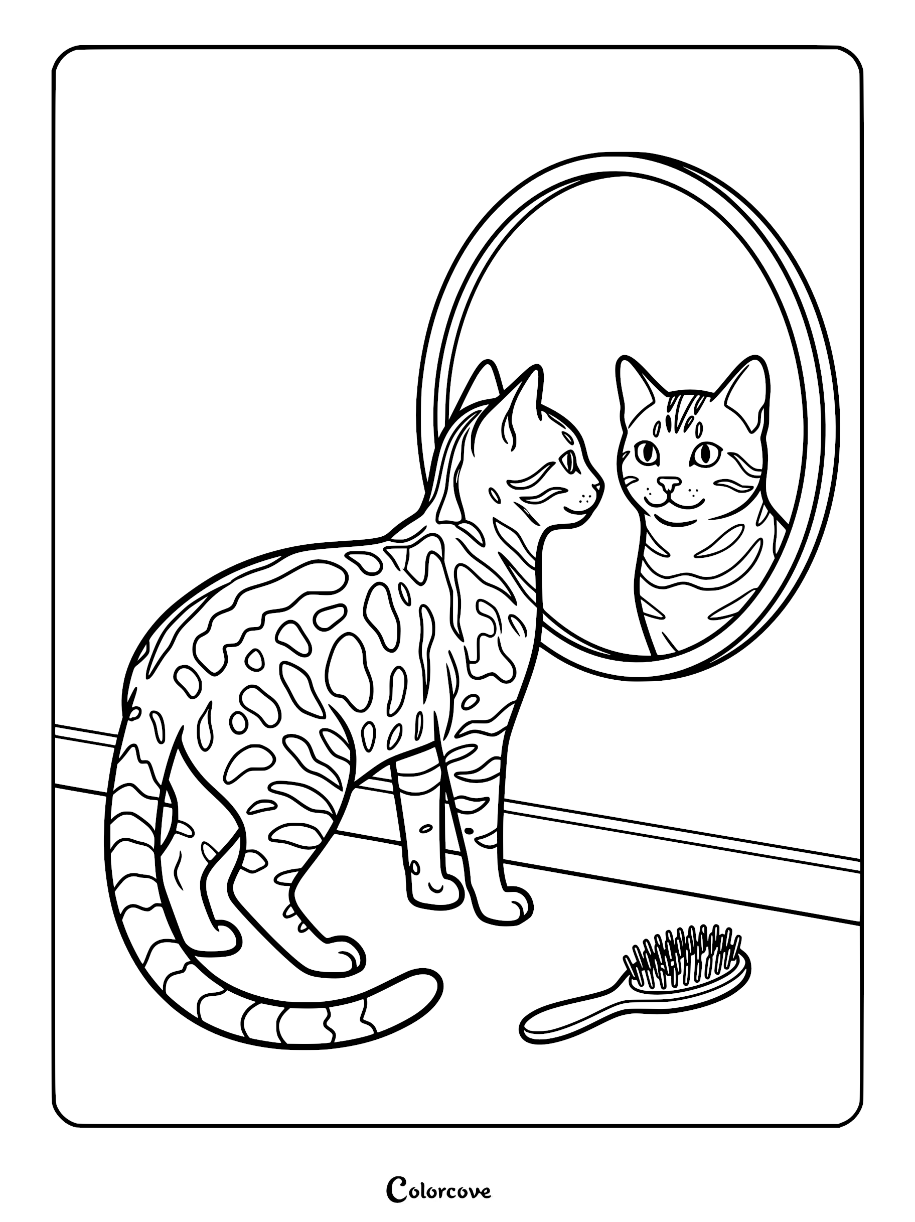 A spotted Bengal cat standing before an oval wall mirror with a hairbrush on the floor in this printable coloring page.