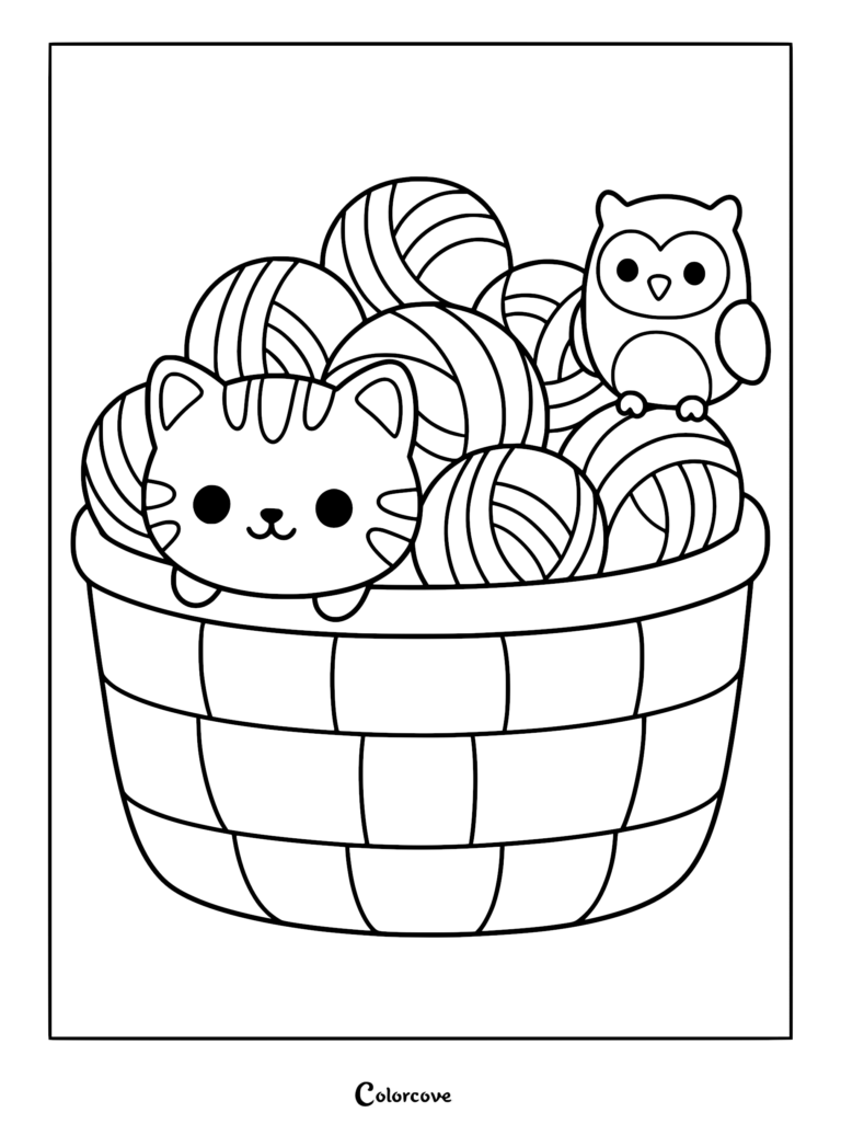 Un tierno gato bengalí y un pequeño búho sentados dentro de una cesta tejida llena de ovillos de lana, arte lineal estilo página para colorear.