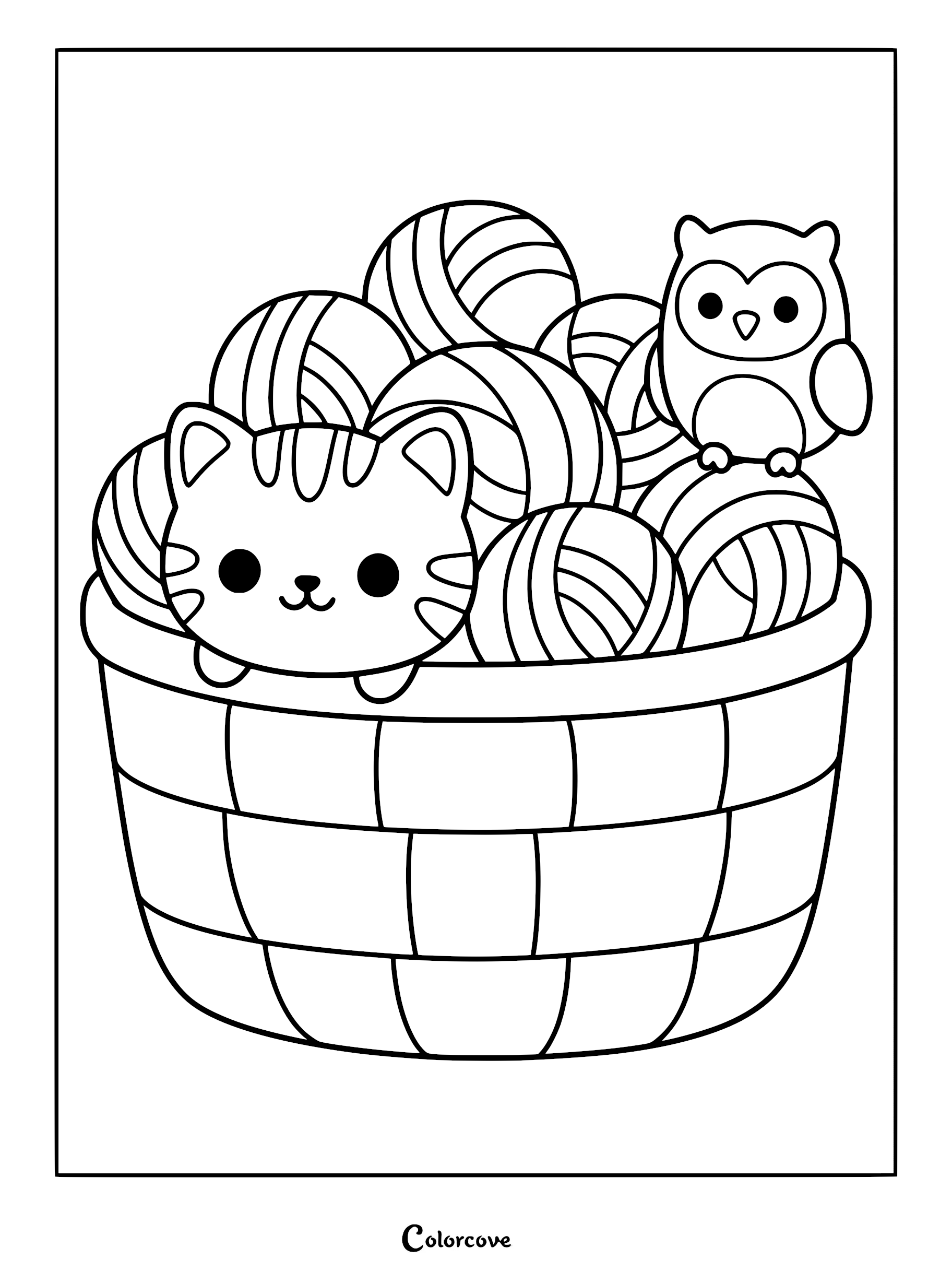A cute Bengal cat and a small owl sitting inside a woven basket filled with balls of yarn, coloring page style line art.