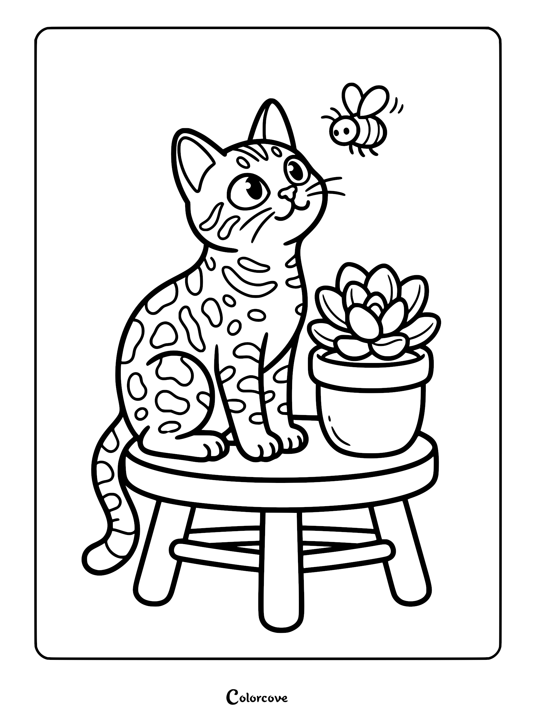 A spotted Bengal cat sitting on a stool next to a potted succulent watching a small flying bee in this printable coloring page.
