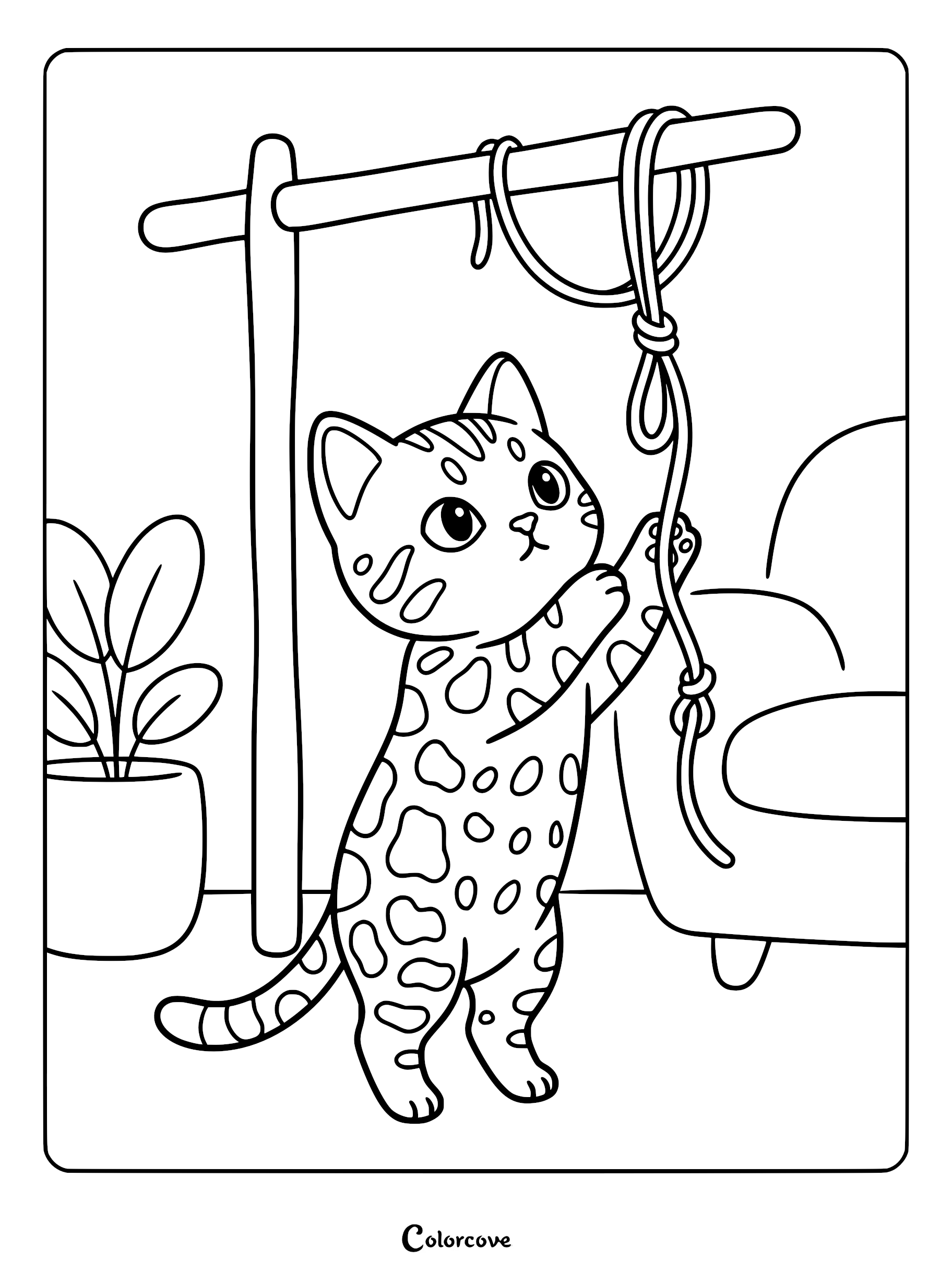 A cute spotted Bengal cat standing on hind legs to bat at a rope hanging from a wooden stand in a coloring page.