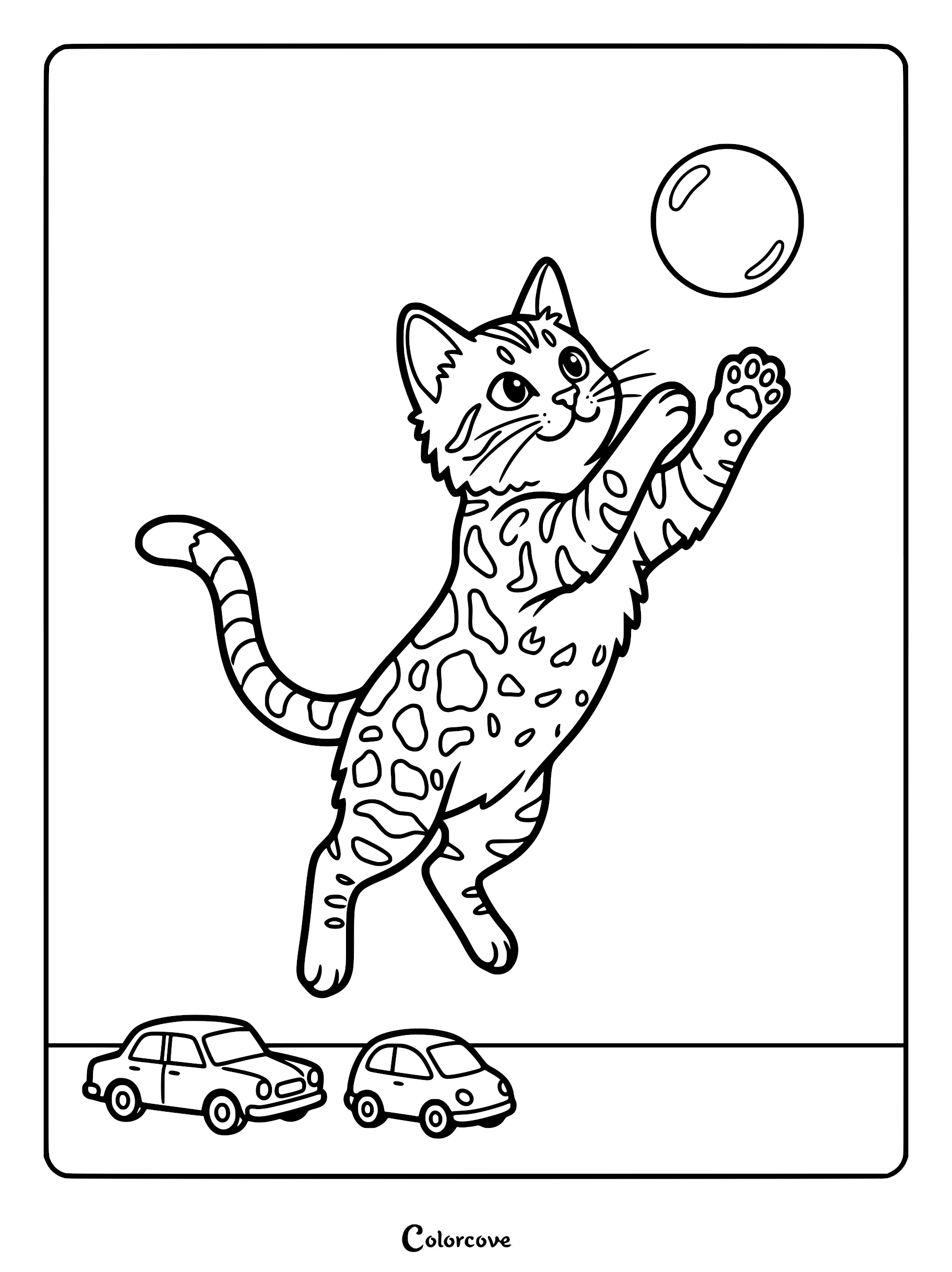 A spotted Bengal cat jumping to catch a floating bubble above two toy cars in this printable coloring page.