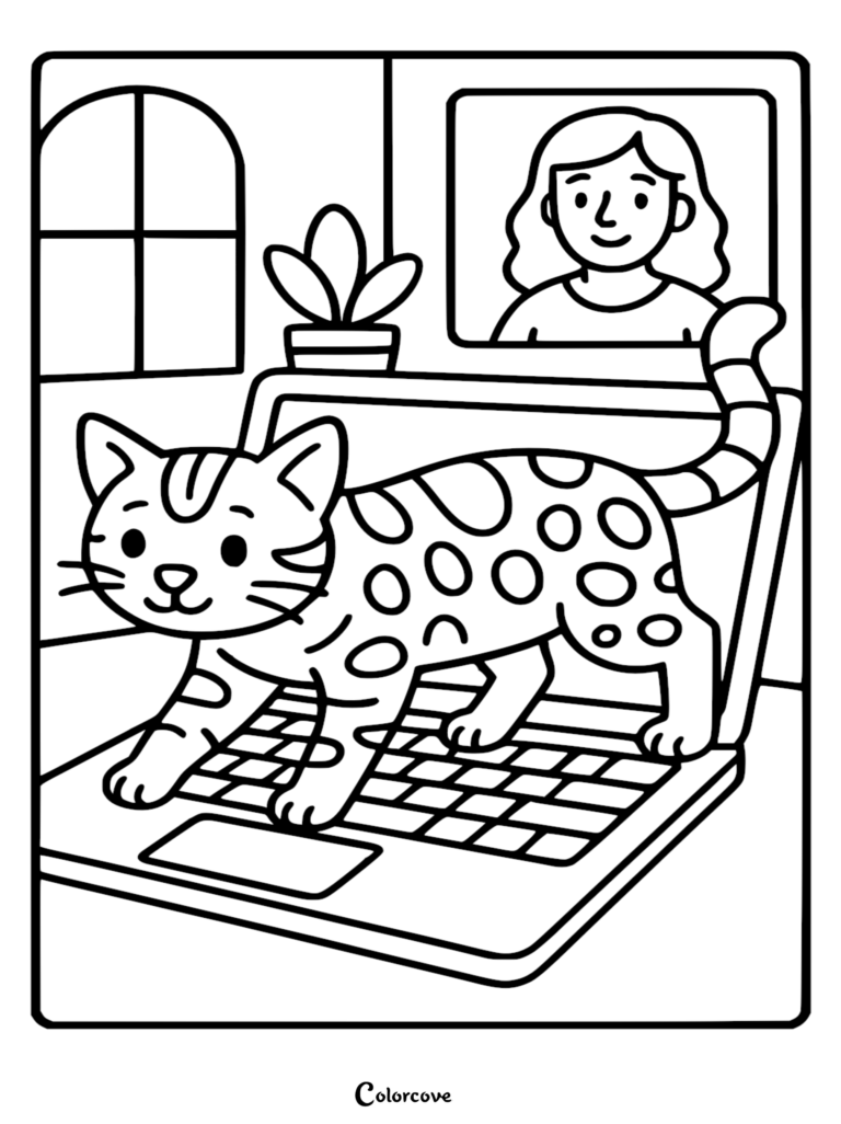 Un gato bengalí caminando sobre el teclado de una computadora portátil durante una videollamada en esta página para colorear imprimible.