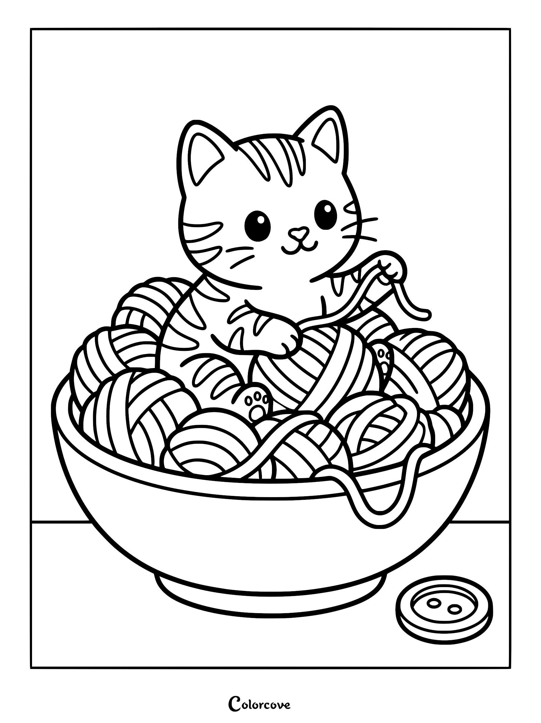 A cute Bengal cat kitten sitting inside a large bowl filled with yarn balls, holding a strand of yarn, in a printable coloring page.