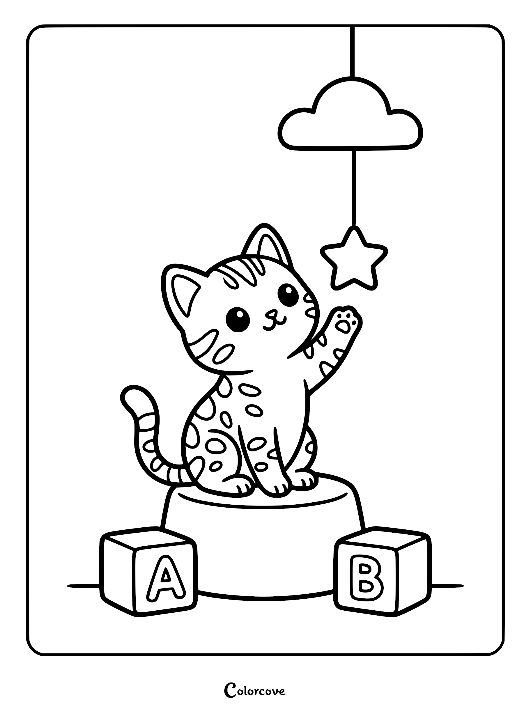 A cute Bengal cat sitting on a pedestal between A and B blocks, reaching up to bat at a hanging star and cloud mobile in this printable coloring page.