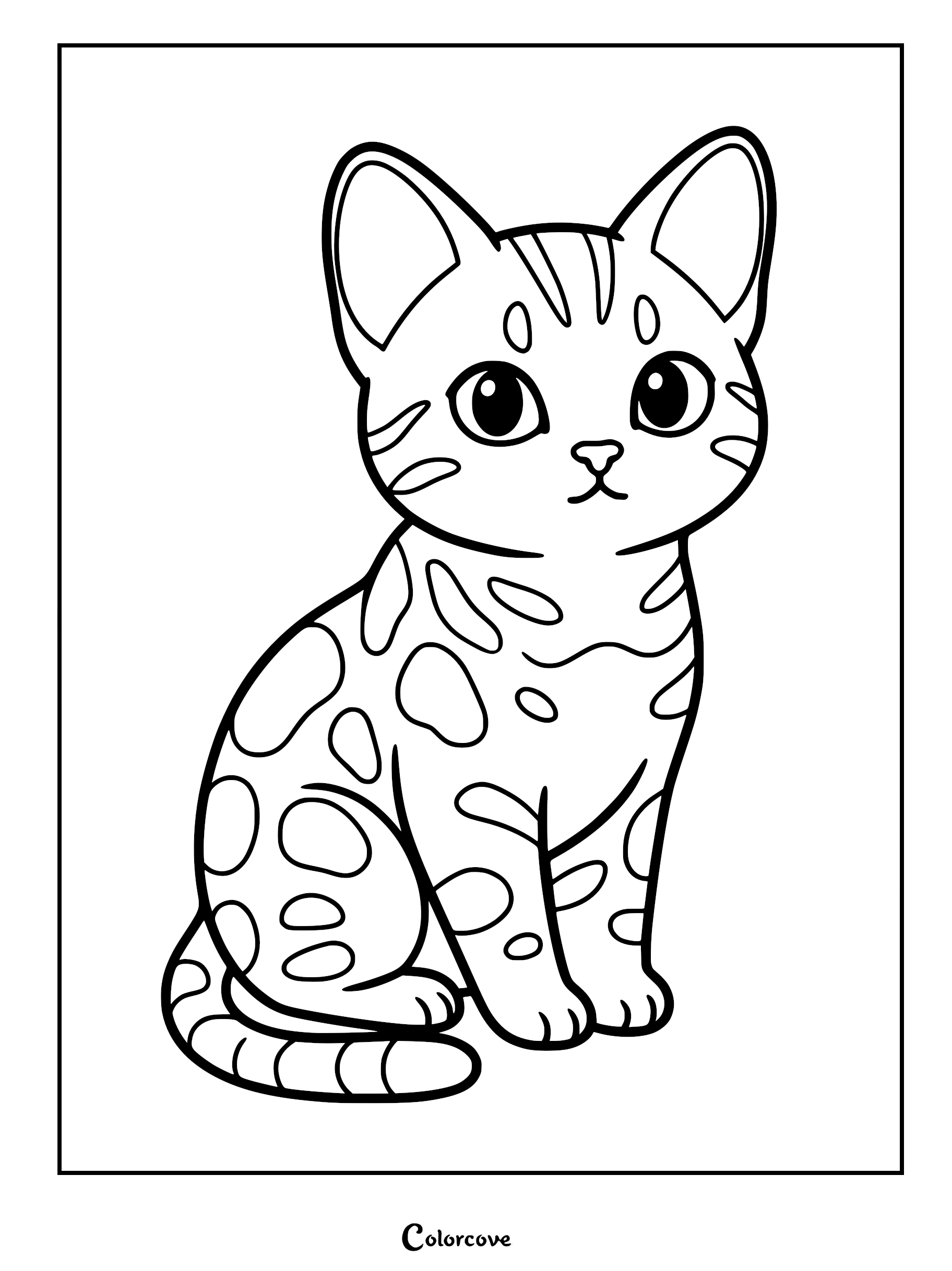 A simple line art coloring page of a sitting Bengal cat with large eyes and distinct spotted fur patterns.