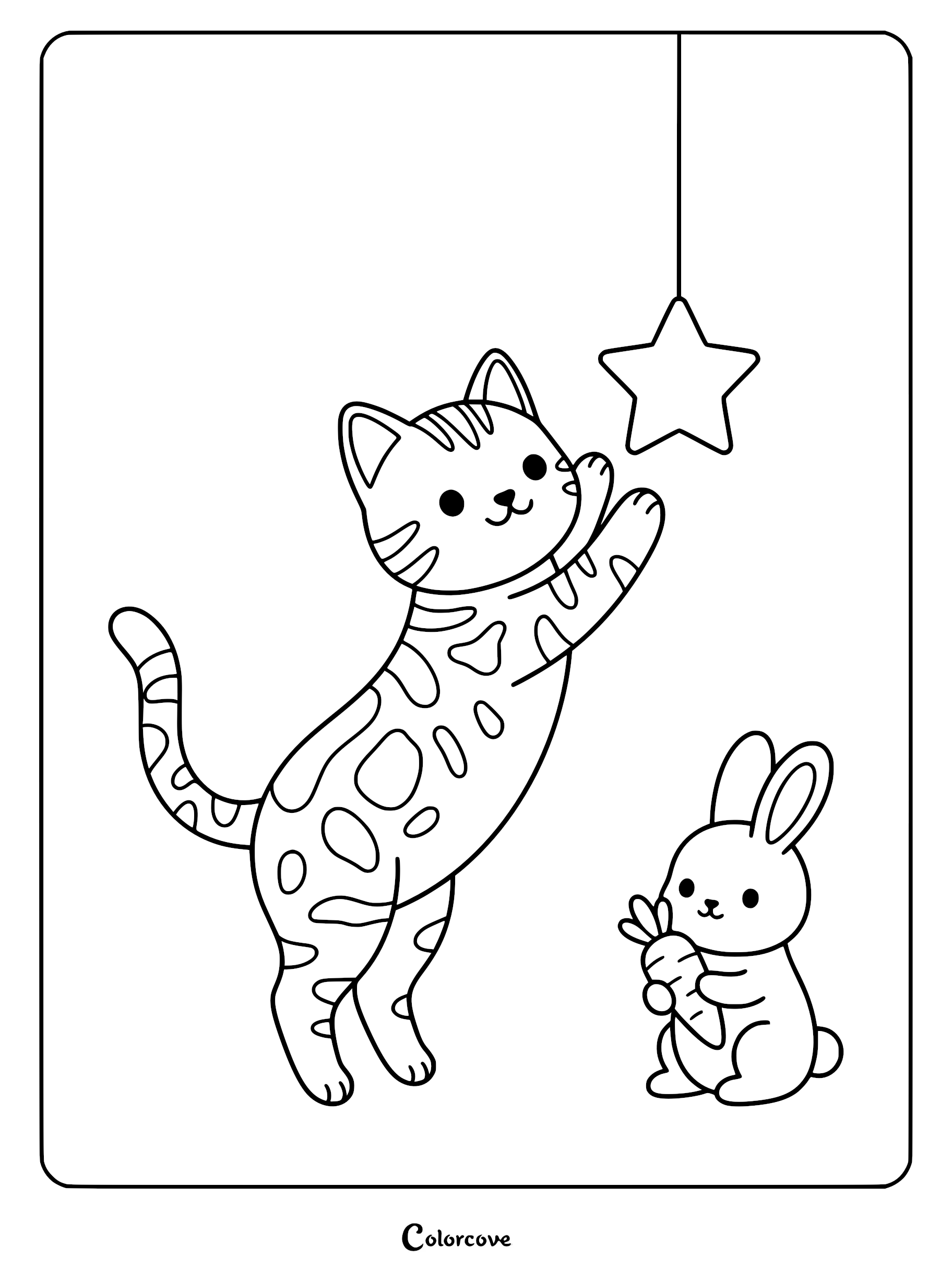 A cute Bengal cat reaching for a hanging star while a small bunny holds a carrot in this printable coloring page.