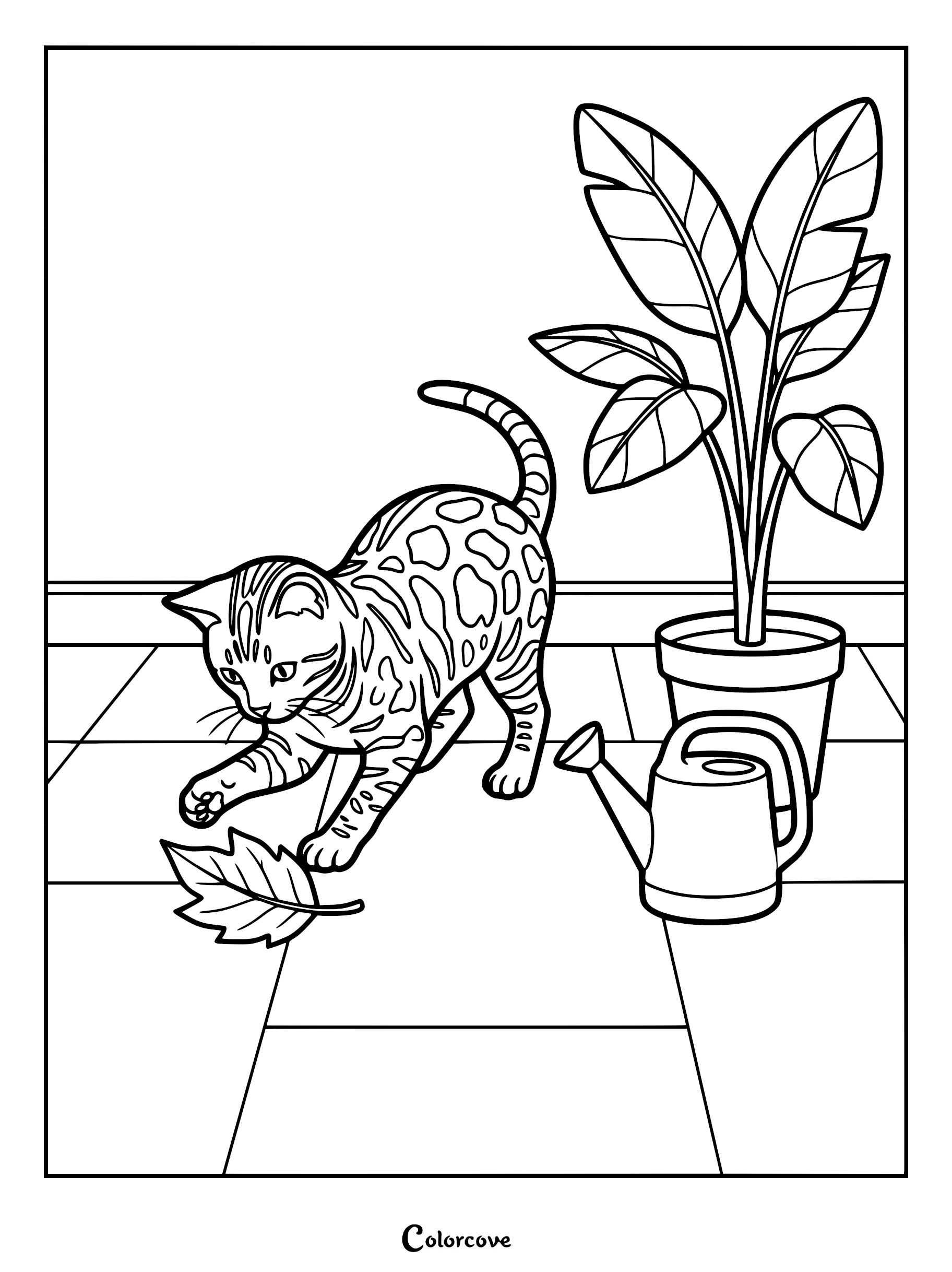 A spotted Bengal cat batting at a fallen leaf on a tiled floor next to a potted plant and a watering can in this printable coloring page.