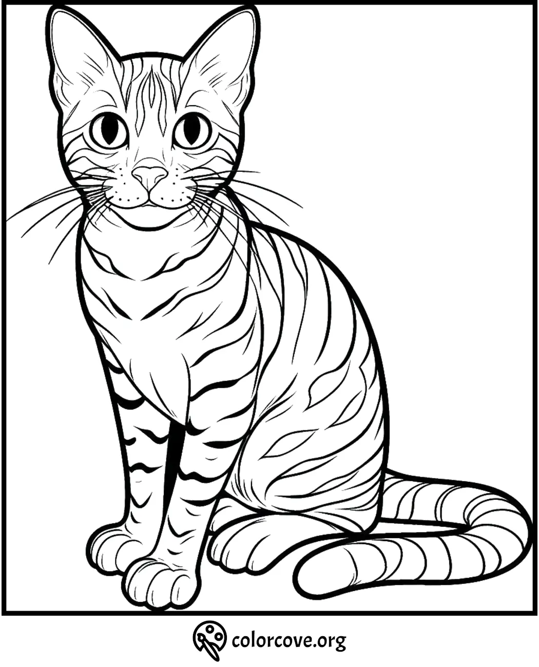 Coloring page of an adorable cat with stripes, sitting attentively. Perfect for kids and cat lovers to color.