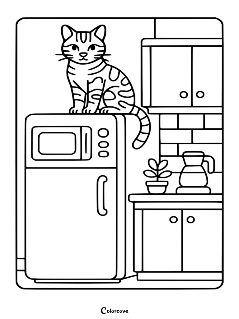 Un gato bengalí con pelaje manchado sentado encima de un refrigerador de cocina en esta página para colorear imprimible.