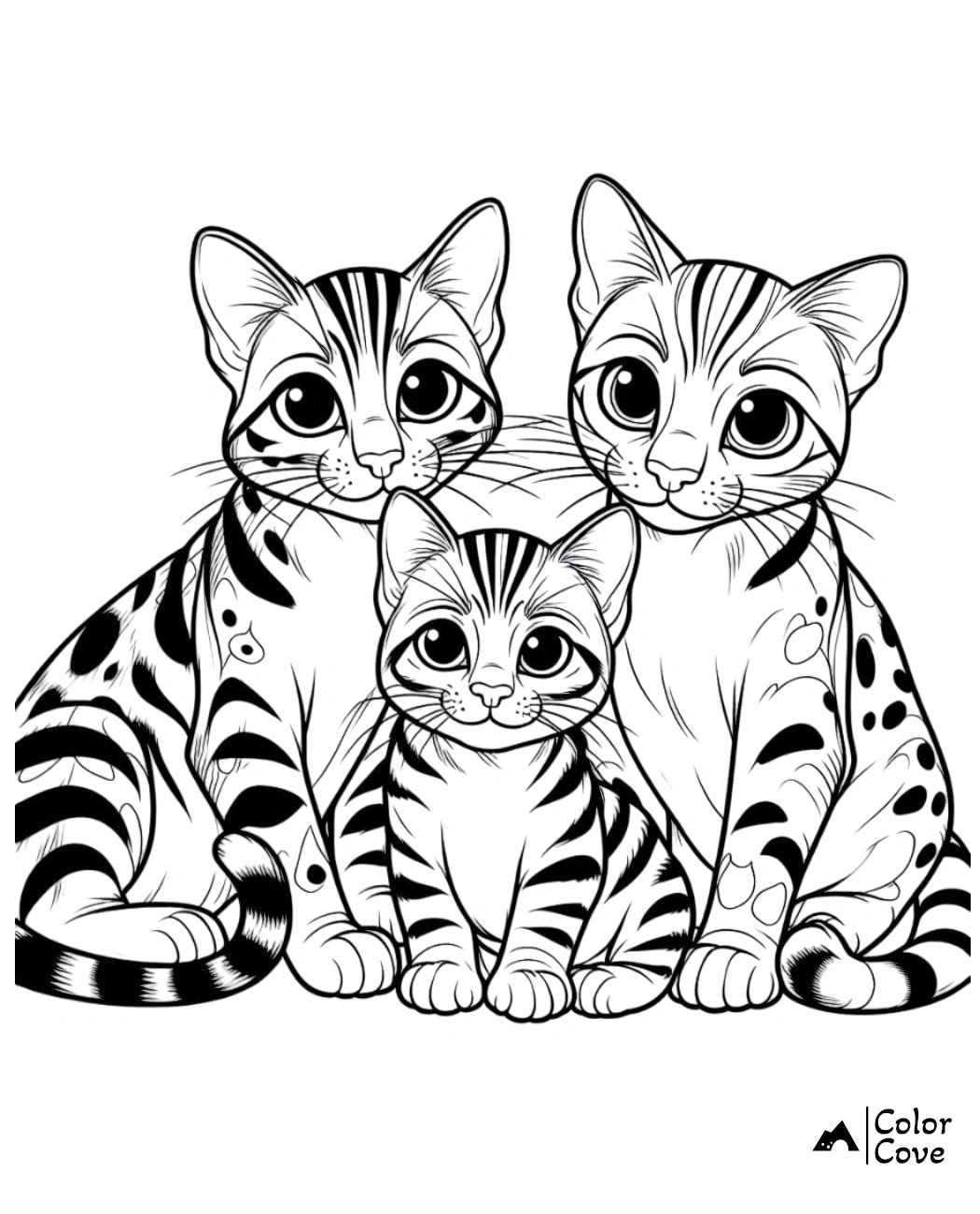 Three cute kittens coloring page, featuring detailed patterns and large eyes, perfect for kids and cat lovers.