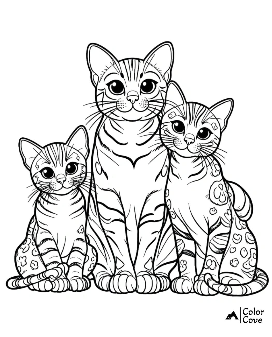 Coloring page of three adorable cats with different patterns sitting together by Color Cove.