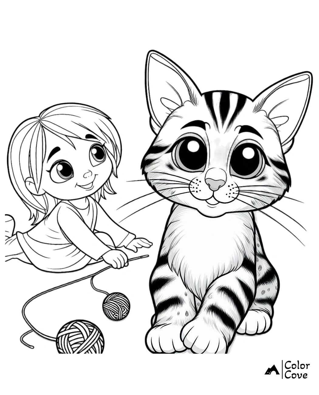 Cute child and kitten coloring page, featuring a playful kid with yarn and an adorable striped cat. Ideal for kids' activities.