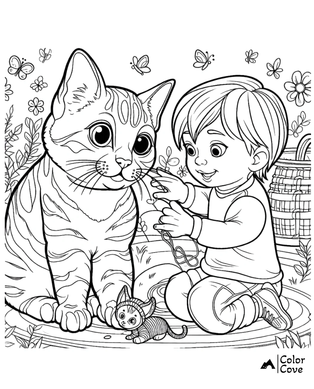 Coloring page with a cute child and a big cat playing together in a garden filled with butterflies and flowers.