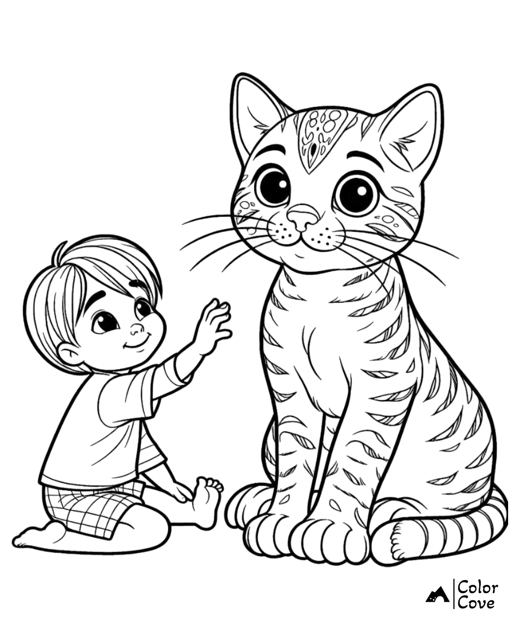 A little boy coloring page with a friendly giant kitten, perfect for kids' coloring activities.