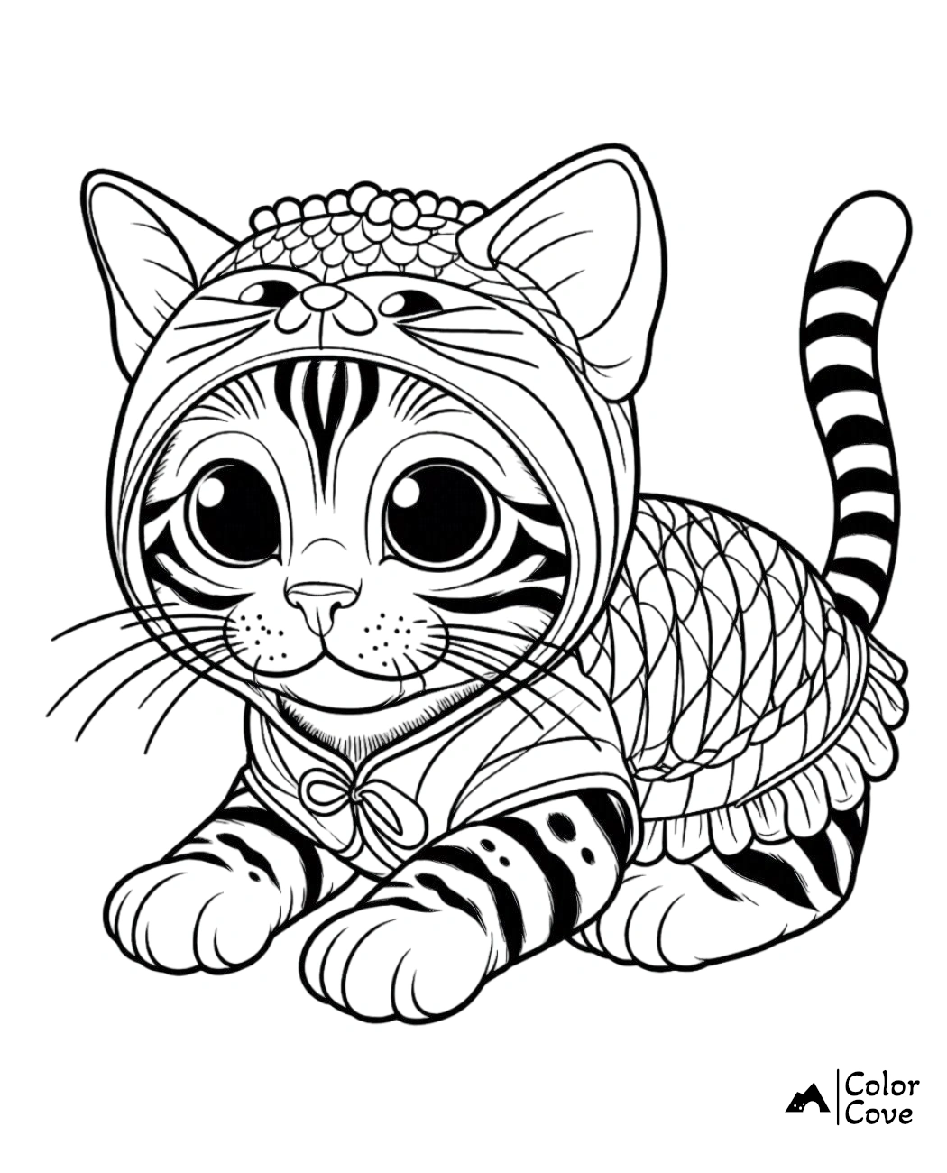 Coloring page featuring an adorable kitten in a cute outfit with intricate details, perfect for kids and cat lovers.