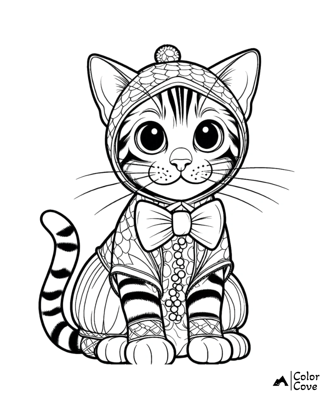 Cute cat coloring page with intricate patterns, wearing a woolly hat and bow tie. Printable kitten coloring sheet for kids.