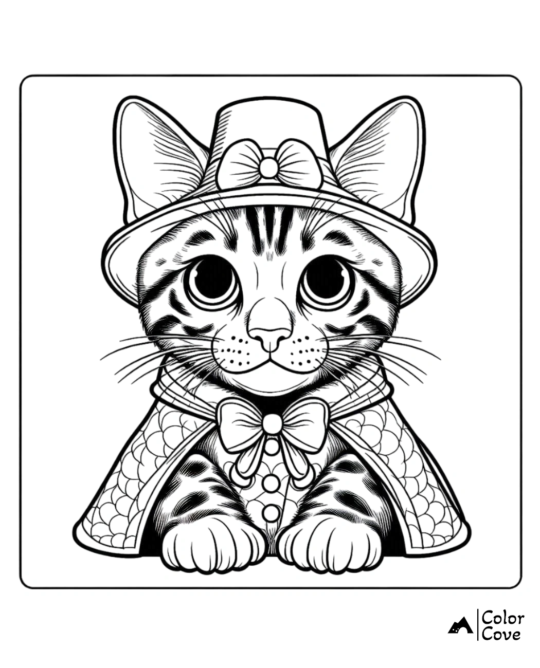 Adorable cat in a top hat and bow tie, dressed in a detailed cape. Coloring page illustration by Color Cove.