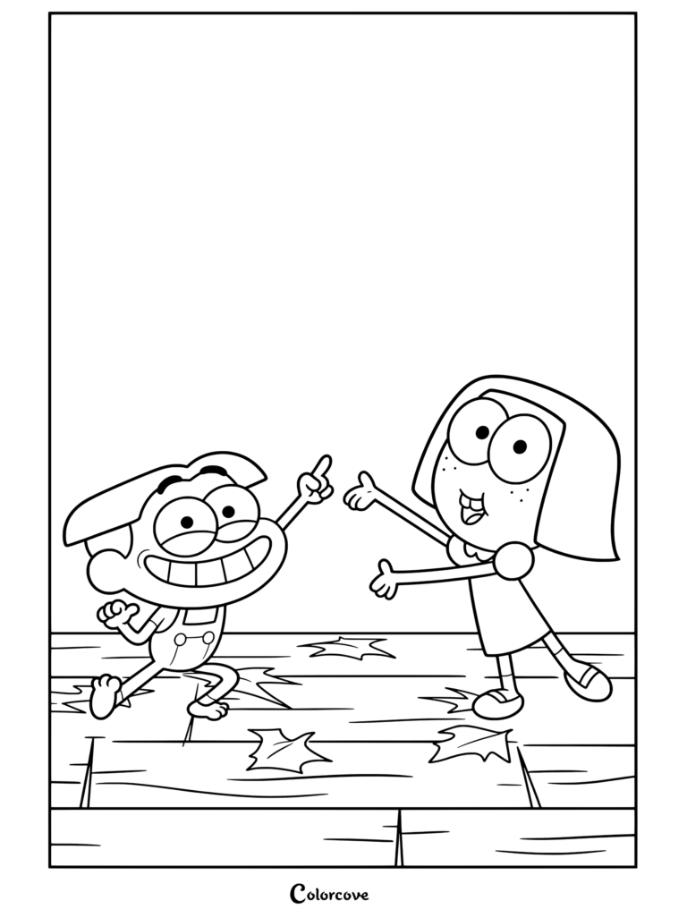 Dibujo para colorear imprimible de Cricket y Tilly de Big City Greens bailando al aire libre entre hojas que caen.