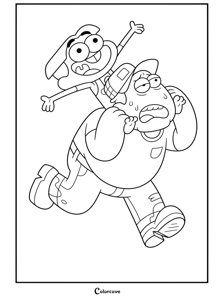 Cricket Green montado sobre los hombros de Panther Bill Green, asustado mientras corre, en un dibujo para colorear de Big City Greens.
