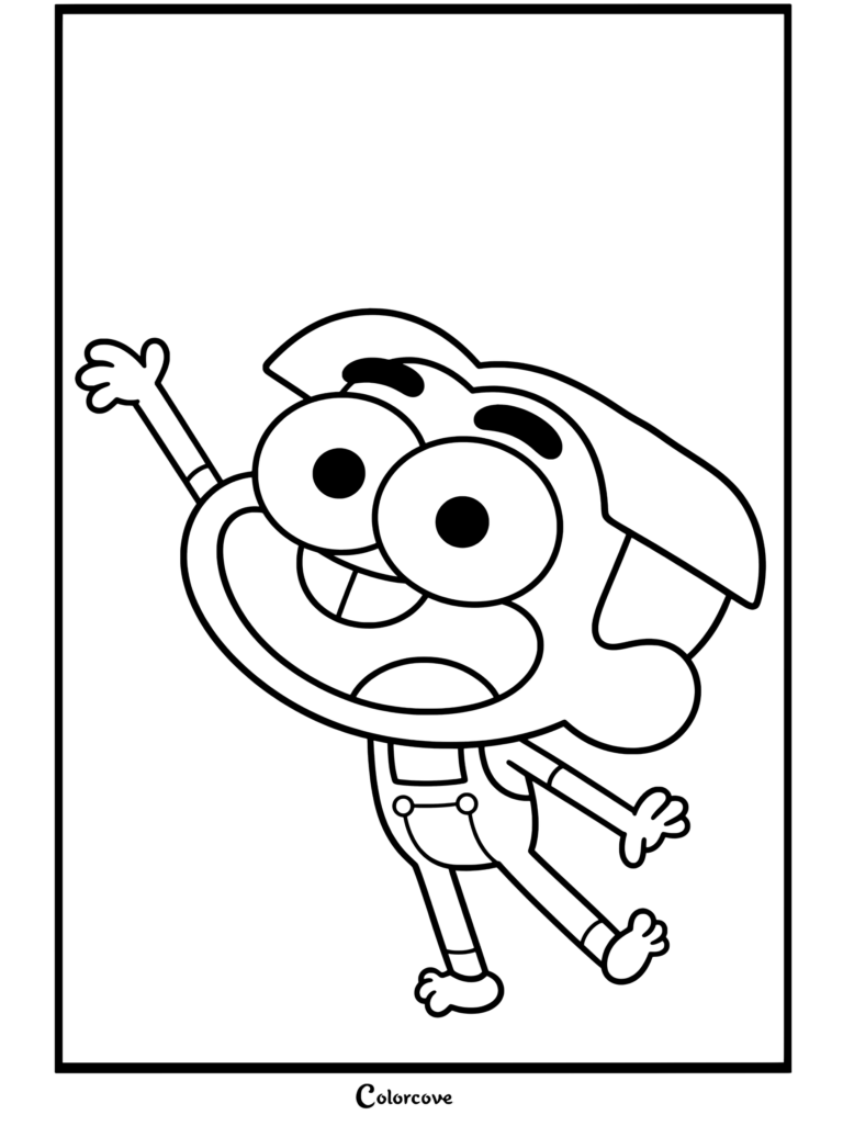 Dibujo para colorear de Cricket Green sonriendo y saludando felizmente con overol azul de Big City Greens.