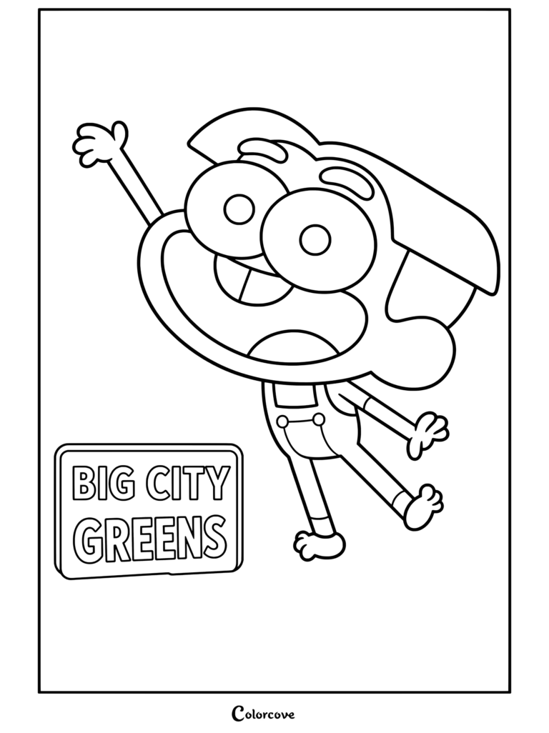 Dibujo para colorear imprimible de Cricket Green saludando alegremente junto al logotipo de Big City Greens.
