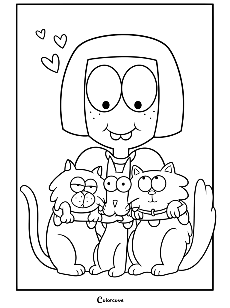 Abuela Alice sosteniendo y abrazando a tres gatos con corazones flotando cerca, dibujo para colorear de Big City Greens.