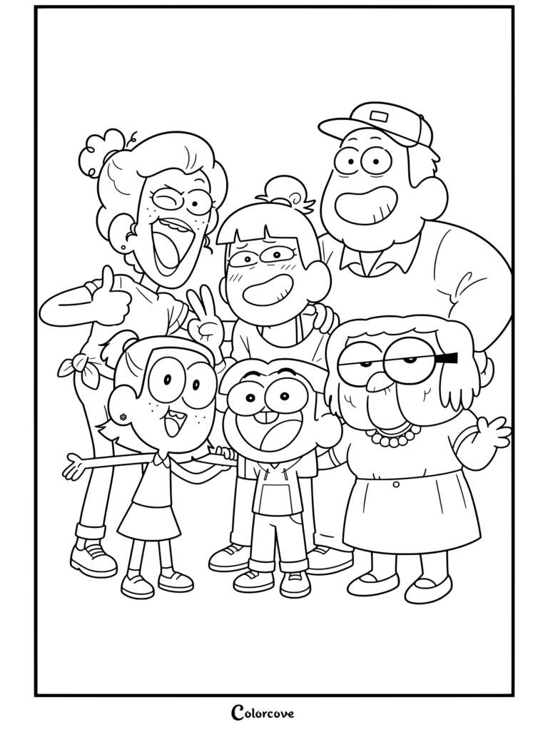 Página para colorear imprimible con Nancy, Alice, Cricket, Bill, Abuela y Tilly en un retrato grupal de Big City Greens.