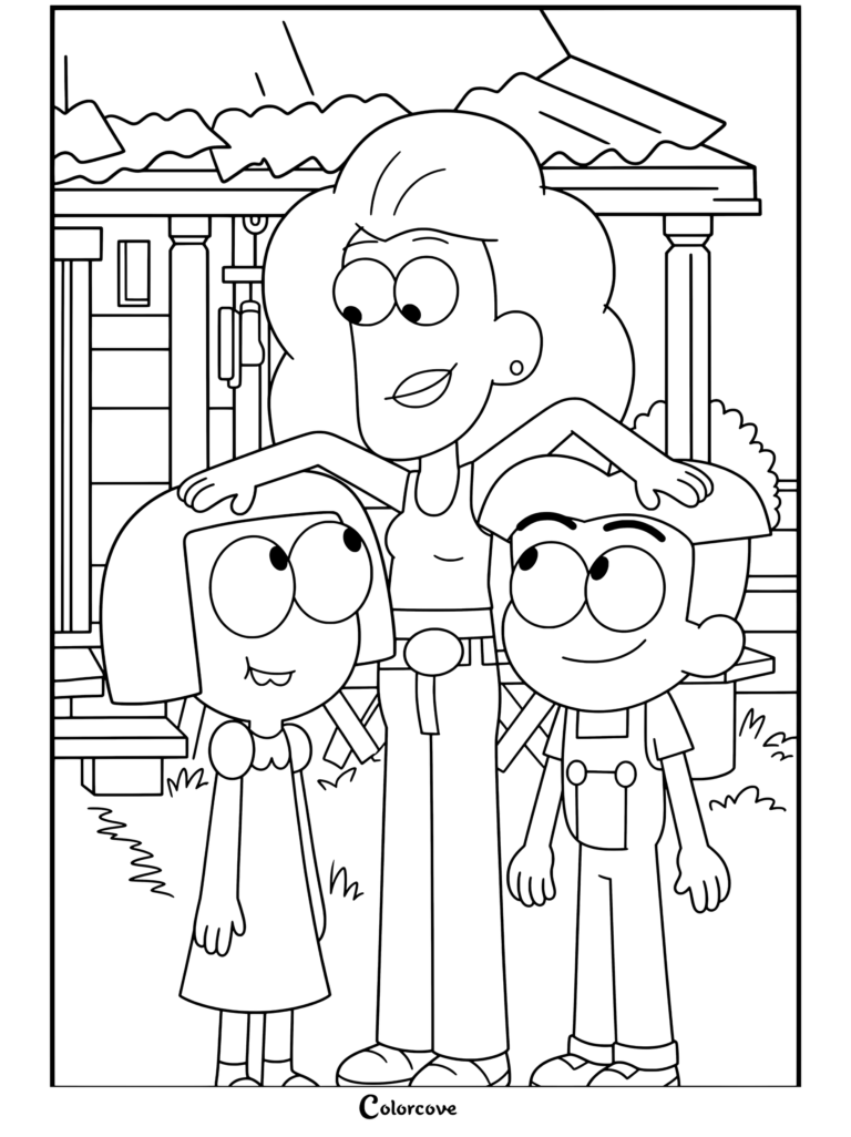 Nancy Green acariciando las cabezas de Tilly y Cricket Green fuera de una casa de campo en este dibujo para colorear de Big City Greens.