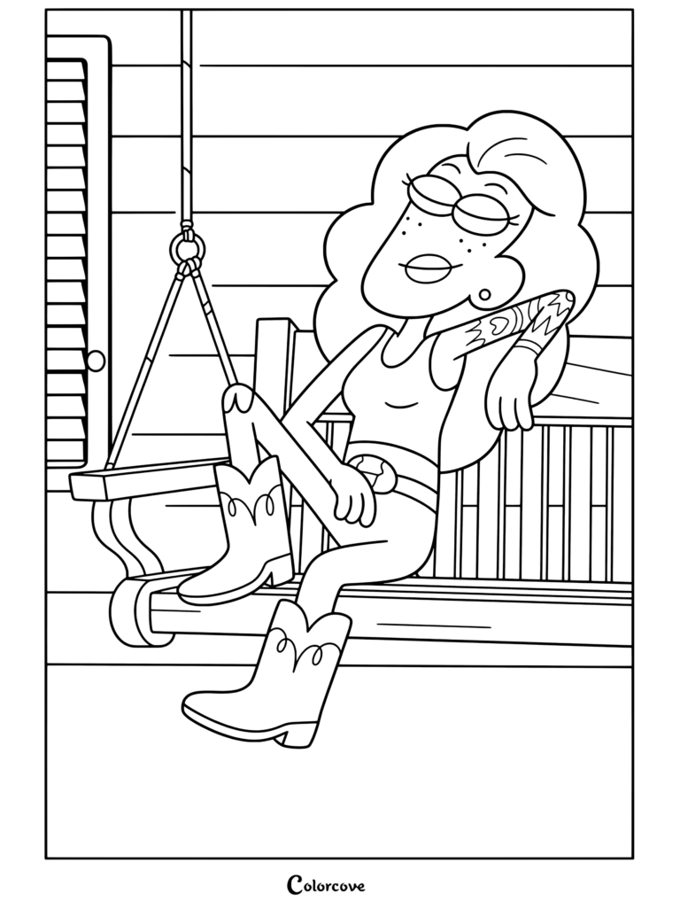 Dibujo para colorear imprimible de Nancy Green relajándose en un columpio de porche en Big City Greens.