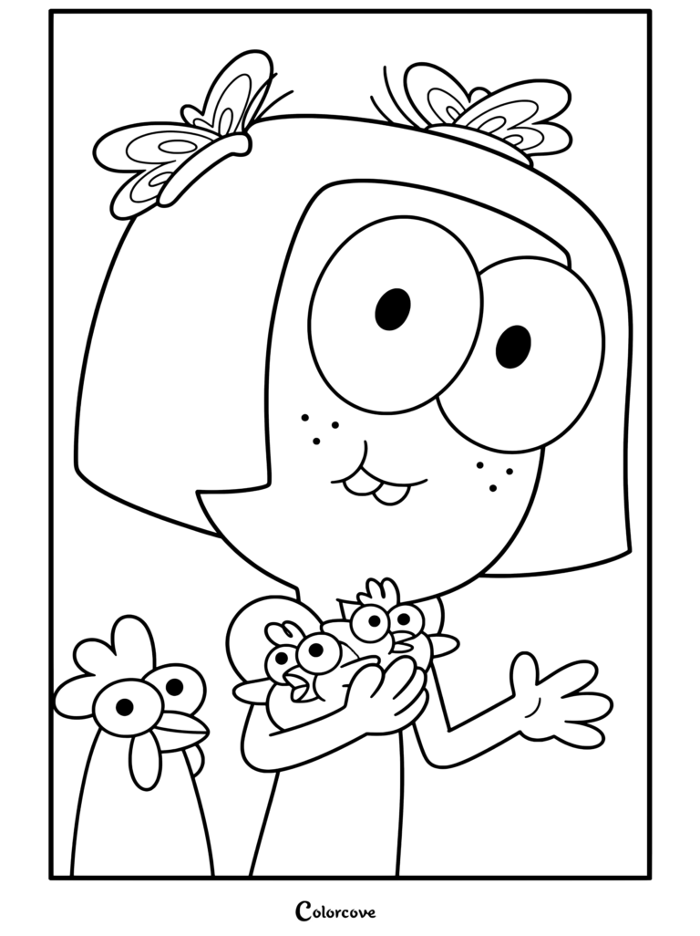 Dibujo para colorear imprimible de Tilly Green de Big City Greens sosteniendo pollitos con una gallina cerca.