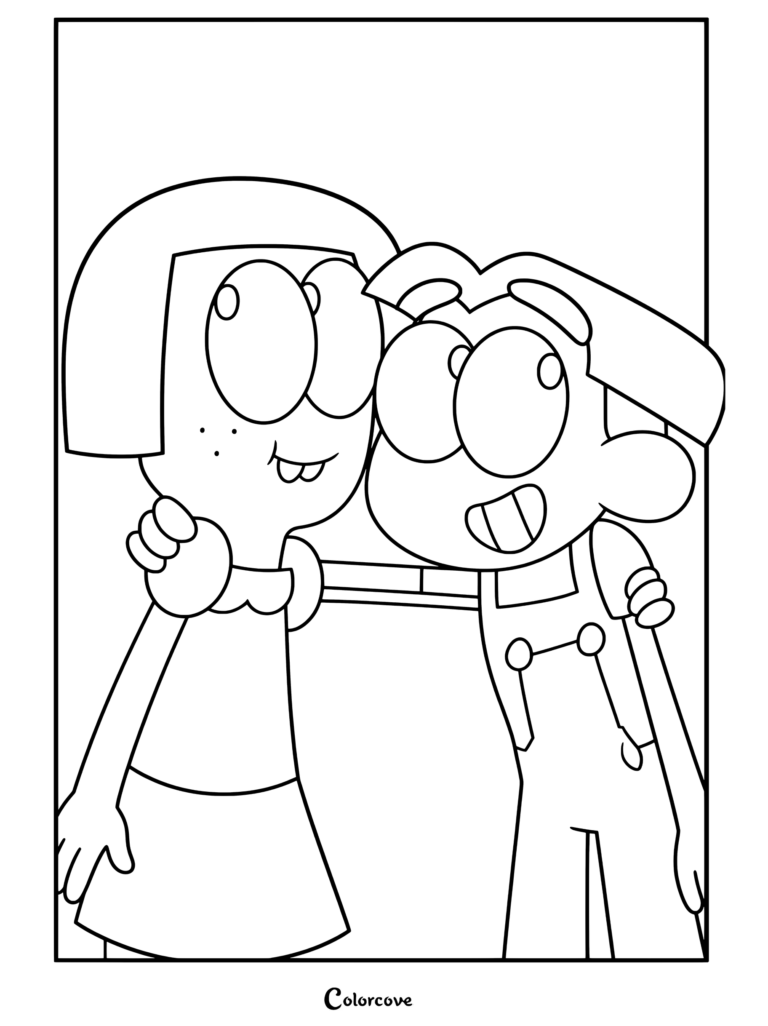 Dibujo para colorear de Tilly Green y Cricket Green abrazándose y sonriendo juntos en Big City Greens.