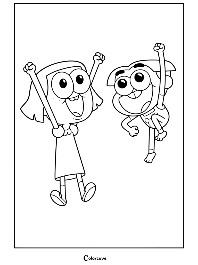 Tilly Green y Cricket Green saltando alegremente con expresiones de emoción en esta página para colorear de Big City Greens.