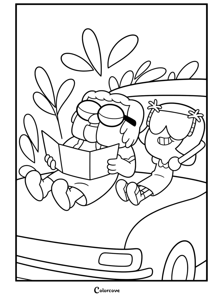 Dibujo para colorear de Big City Greens con Abuela Alice Green y Tilly Green relajándose en el capó de una camioneta mientras miran un mapa y usan gafas de sol.
