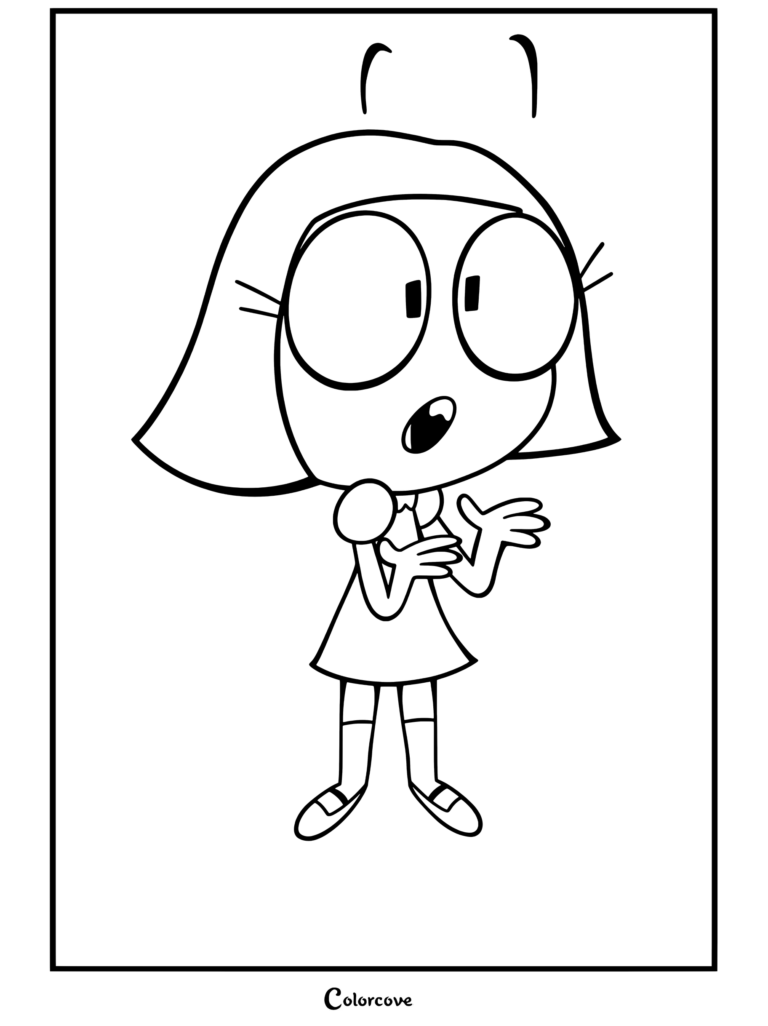 Dibujo para colorear de Tilly Green sonriendo con las manos gesticulando, en vestido morado y calcetines blancos, de Big City Greens.