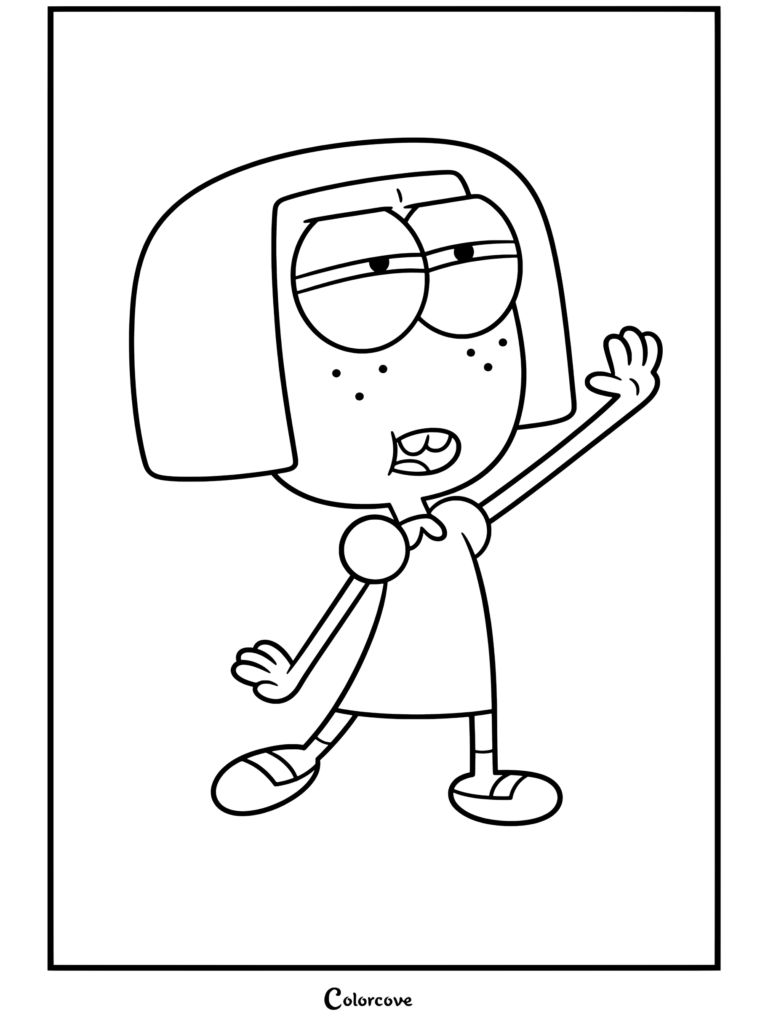 Dibujo para colorear de Tilly Green saludando con la mano y expresión aburrida en Big City Greens.