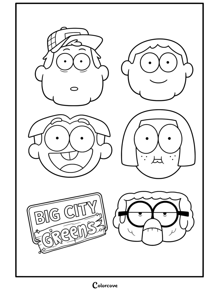 Una página para colorear en blanco y negro que muestra retratos de Bill, Cricket, Tilly y Alice Green de Big City Greens.