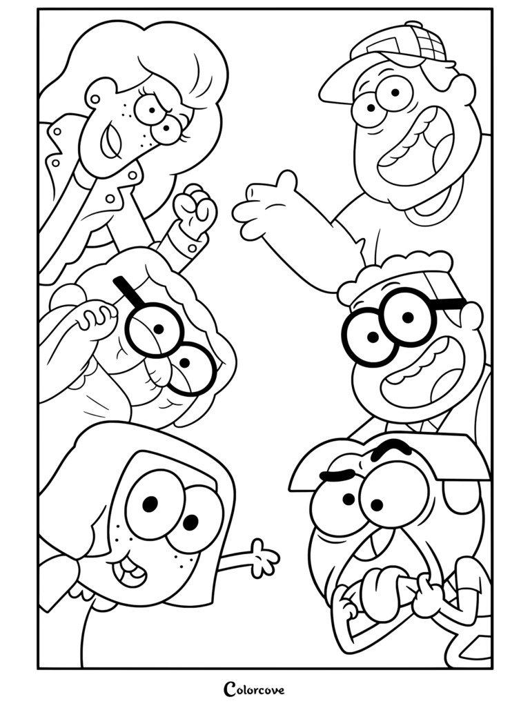 Página para colorear de Big City Greens con un retrato de personajes en conjunto con Nancy, Cricket, Abuela Alice, Remy, Tilly y Bill expresando emociones alegres y exuberantes.