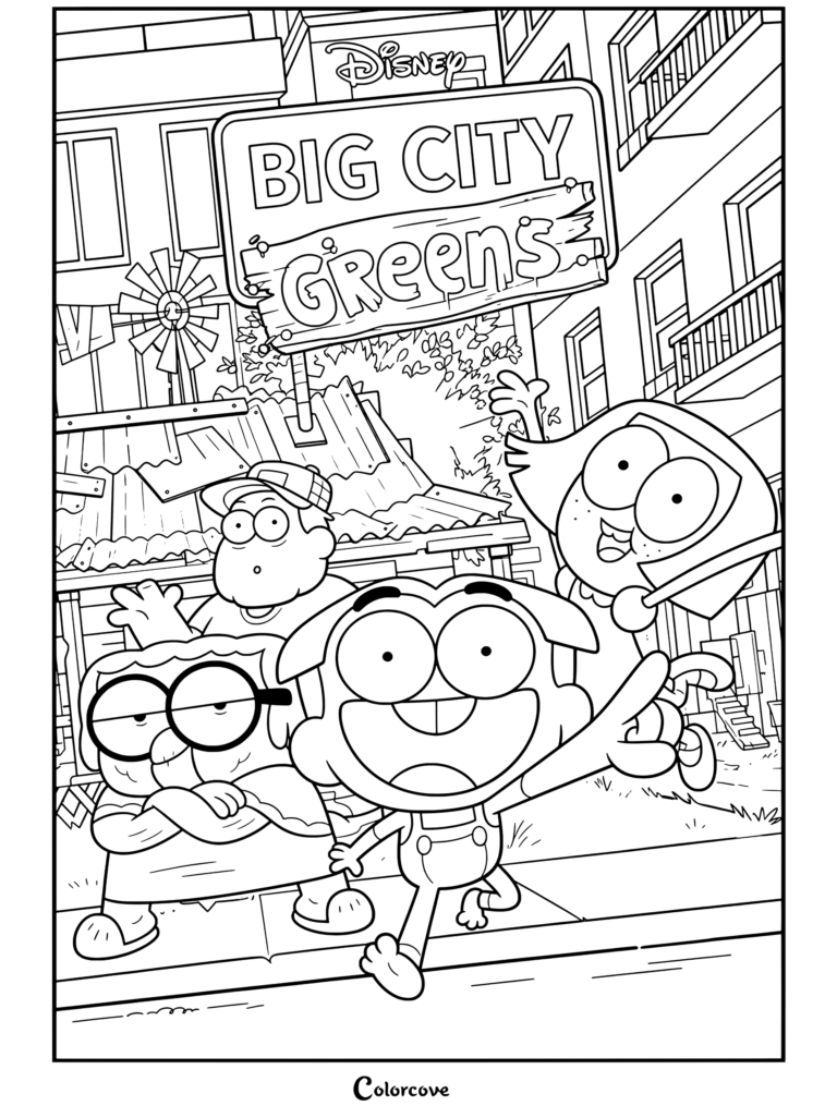 Página para colorear de Big City Greens con la familia Cricket, Alice, Tilly y Bill de pie juntos frente a una casa y un letrero.