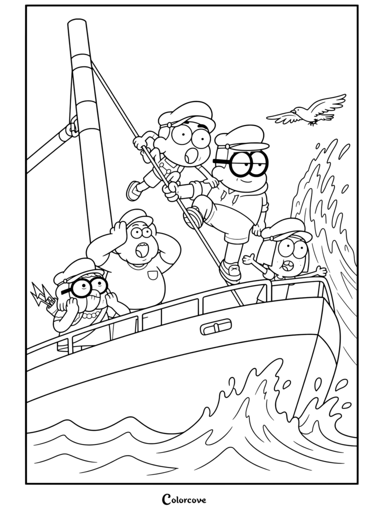 Página para colorear de la familia de Big City Greens en un yate montando las olas del océano usando sombreros de capitán con expresiones sorprendidas y emocionadas.