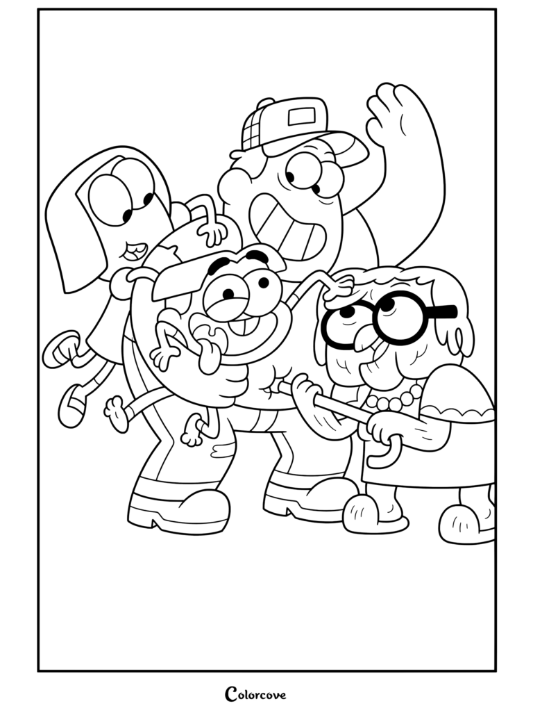 Página para colorear de retrato familiar de Big City Greens con Cricket, Tilly, Bill y Alice riendo y jugando juntos.