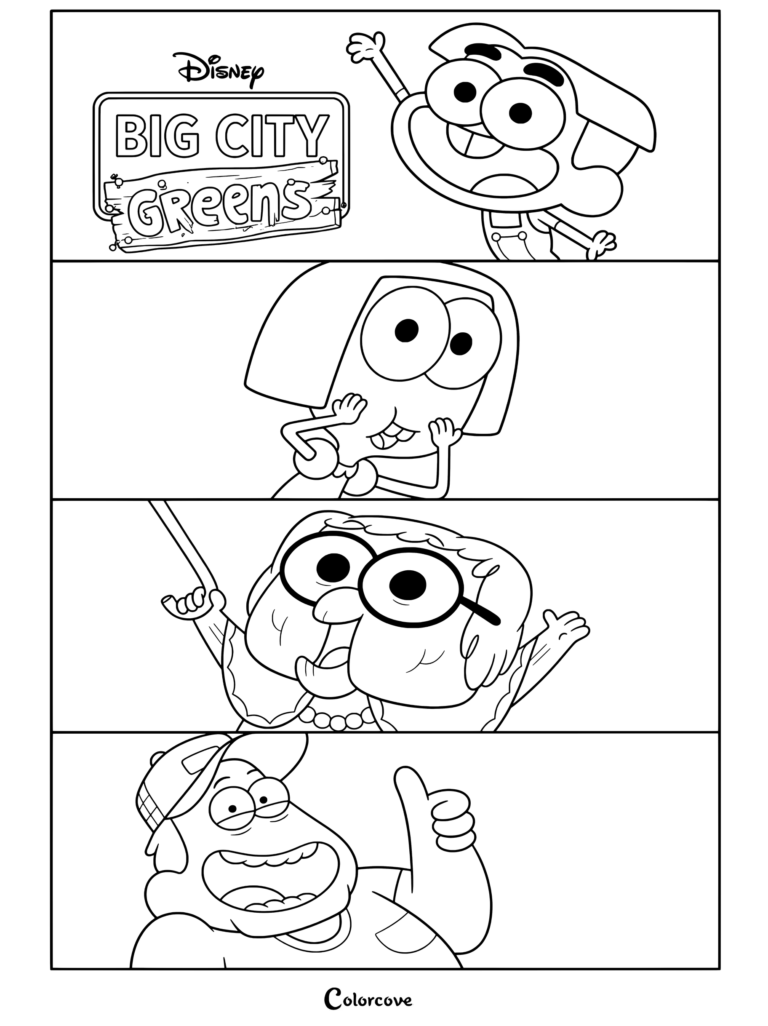 Página para colorear de Big City Greens con Cricket, Tilly, Abuela Alice y Bill Green hecha en estilo de contorno.