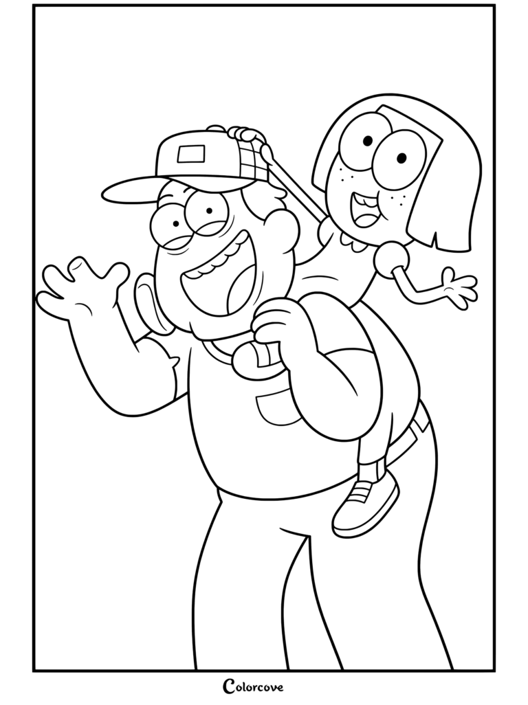 Bill Green llevando a Tilly Green a caballito con grandes sonrisas en este dibujo para colorear de Big City Greens.