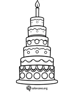 Printable birthday cake coloring page with candle for kids. Tiered cake design for creative fun. ColorCove.org