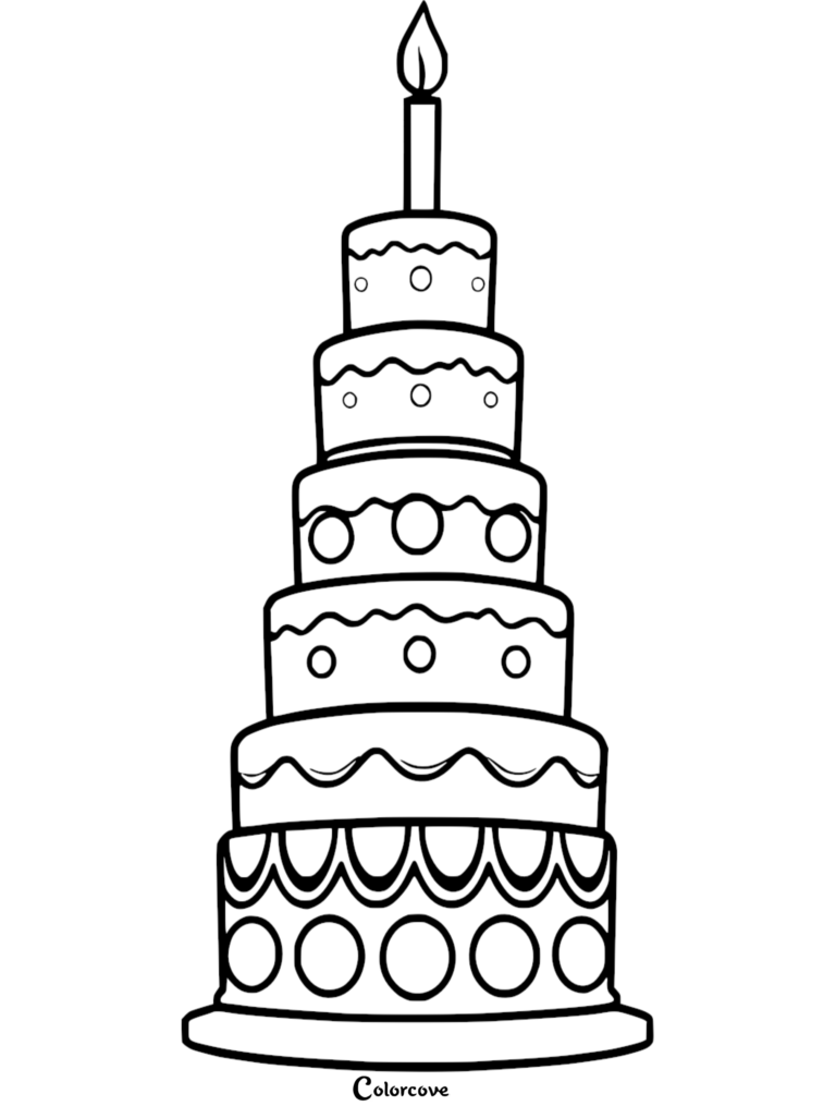 A tall six-tier birthday cake coloring page with polka dot decorations and a single lit candle on top.