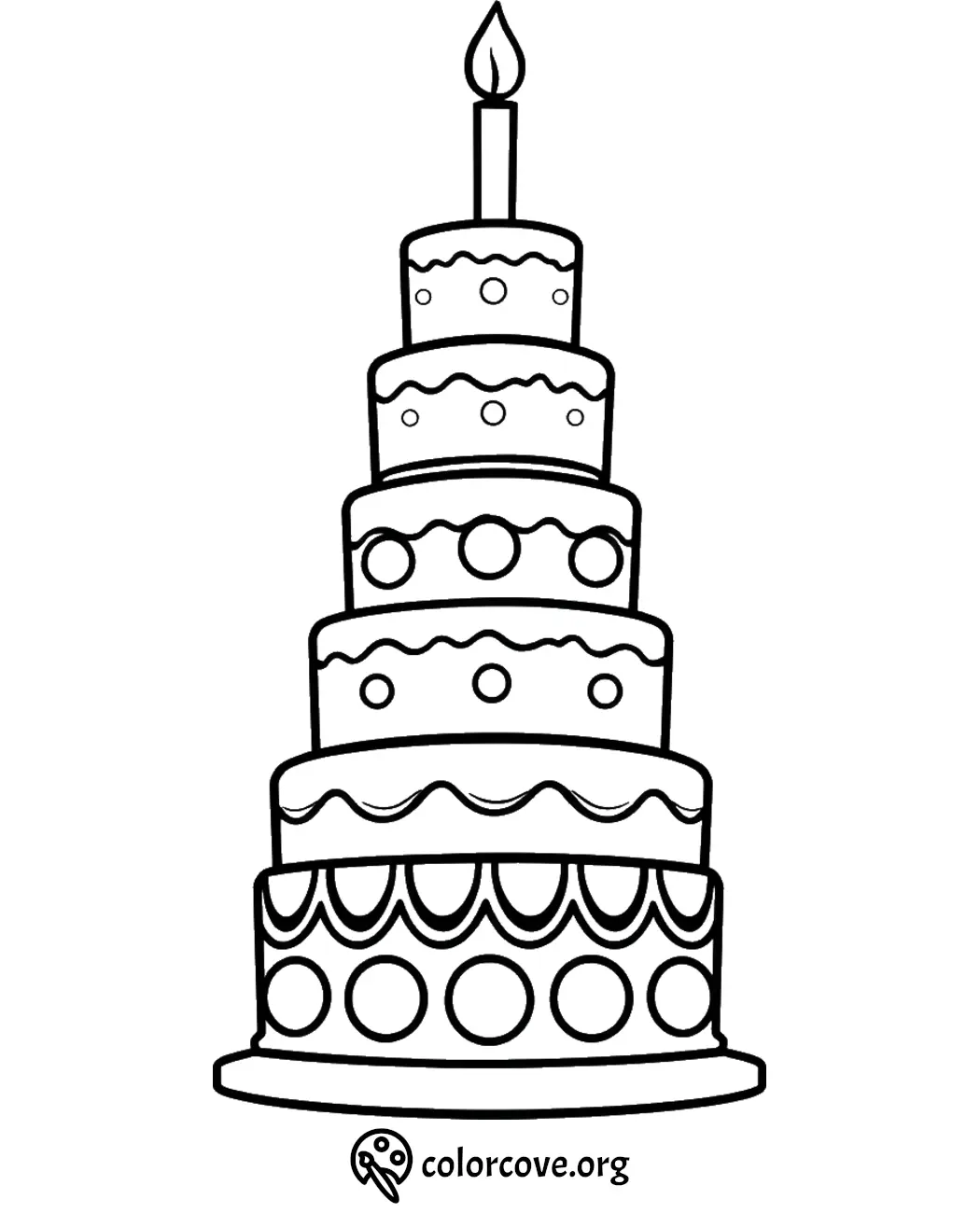 Printable birthday cake coloring page with candle for kids. Tiered cake design for creative fun. ColorCove.org