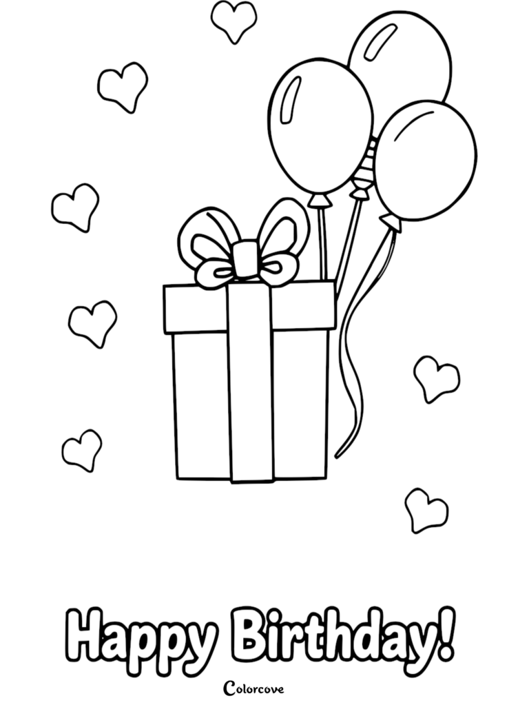 Birthday coloring page featuring a gift box with a large bow, three balloons, and floating hearts with Happy Birthday text.