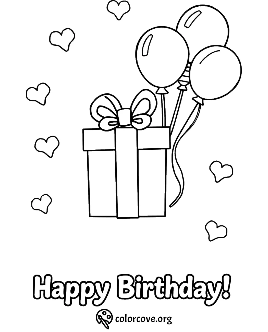 Happy Birthday coloring page with gift box, balloons, and hearts, perfect for kids. Download and print this fun activity.