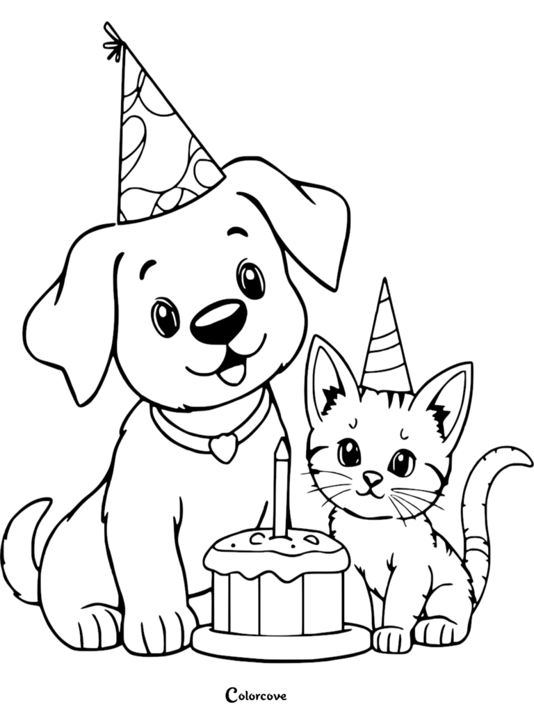 A puppy and a kitten wearing party hats sitting next to a birthday cake in this free printable coloring page.