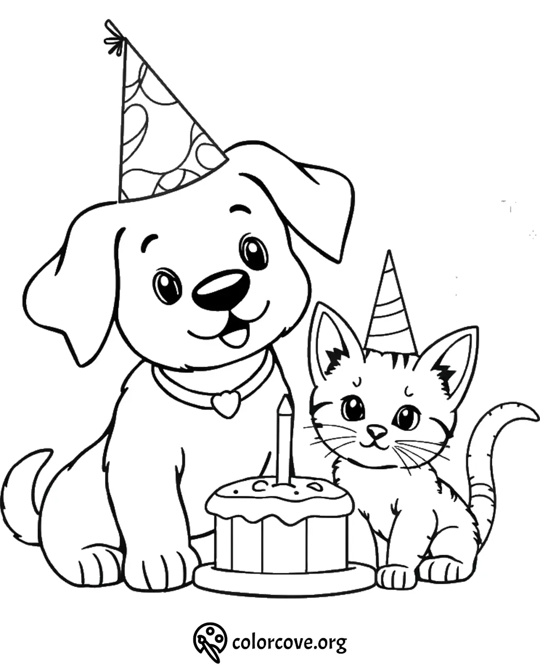 Dog and cat with party hats sitting by a birthday cake, coloring page.